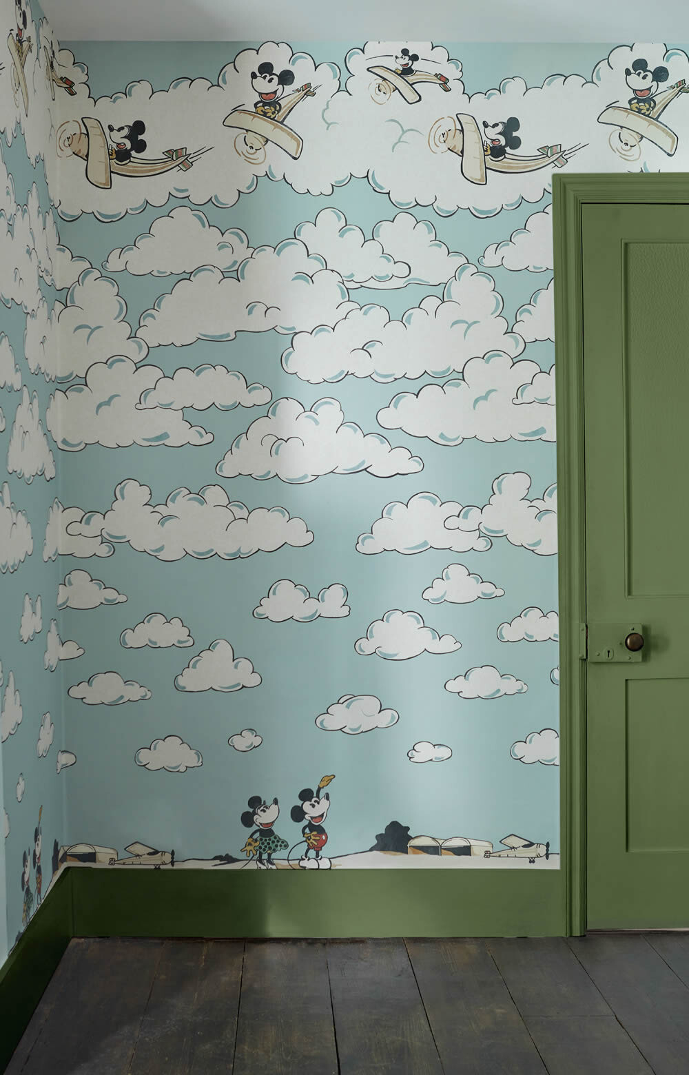 non-woven wallpaper Mickey Mouse on the plane Disney pastel blue DDIW217292-60-DDIW217292.1M