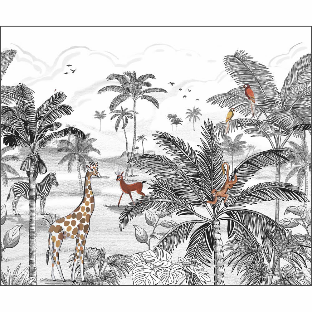 Mural S non-woven safari landscape giraffe zebra black white Les Minis Mondes Caselio MNM105789007