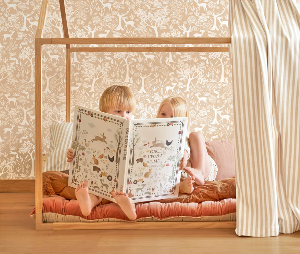 Vliestapete Waldtiere Rehe Bäume Japandi Beige Rosa OUAT88262597