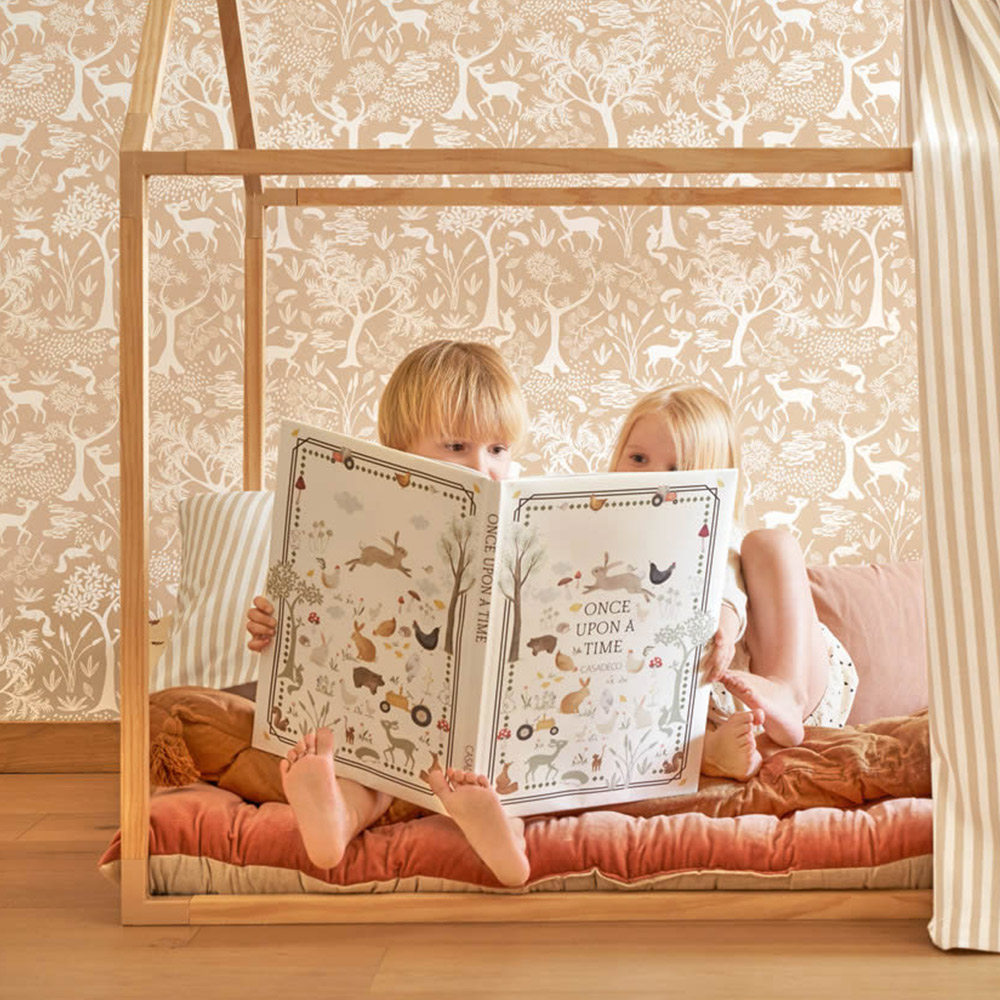 Vliestapete Waldtiere Rehe Bäume Japandi Beige Rosa OUAT88262597