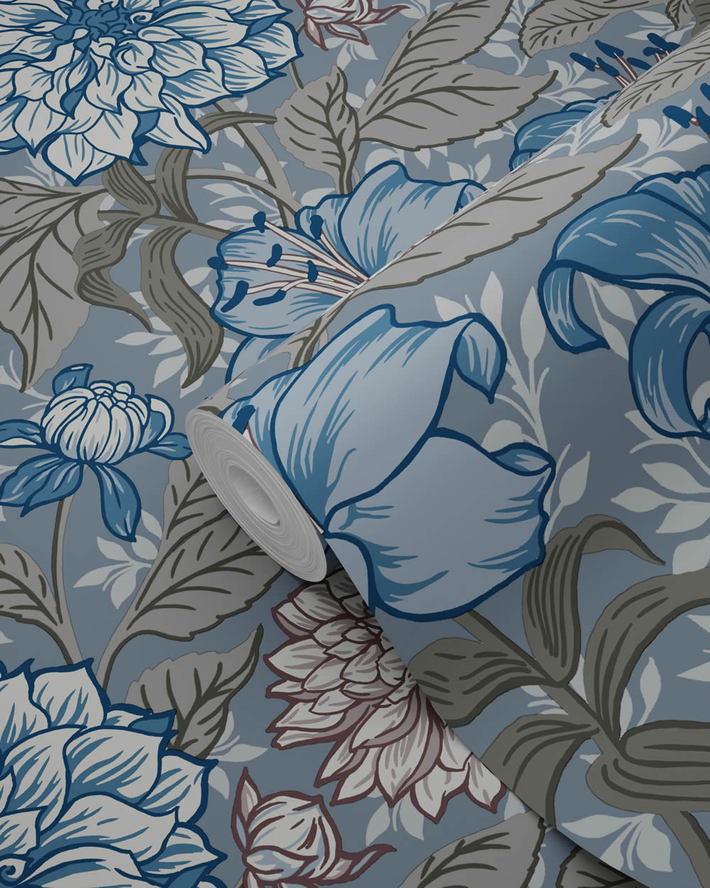 Tapete Vintage große Blumen graublau Vlies 139480
