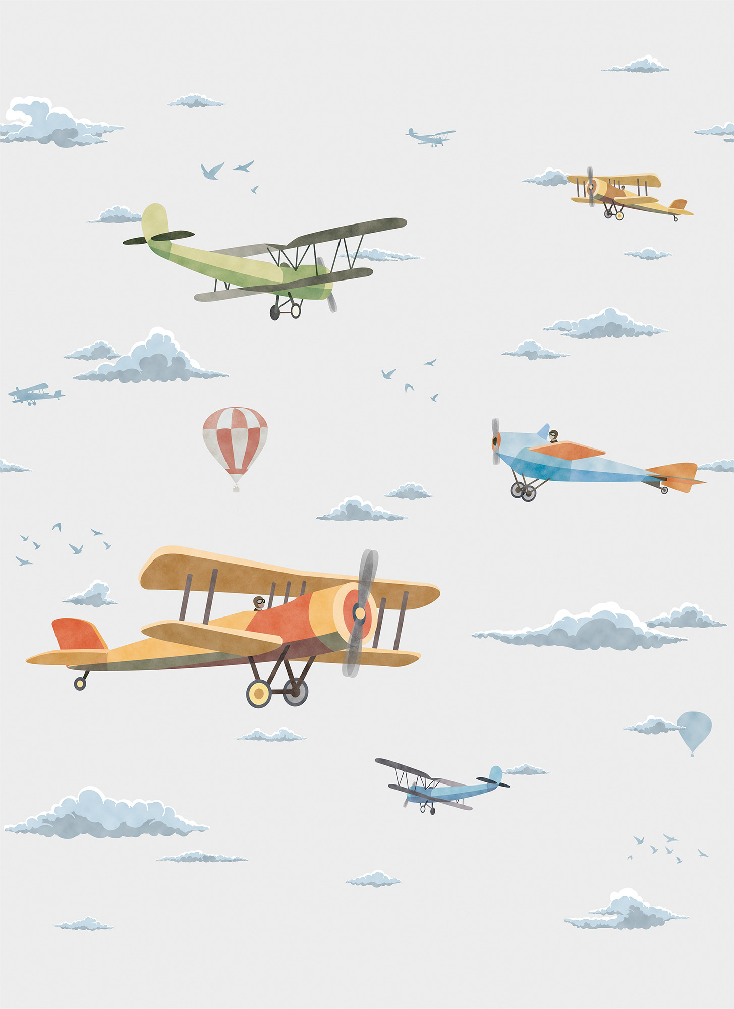Wandbild Flugzeuge Doppeldecker Wolken grau