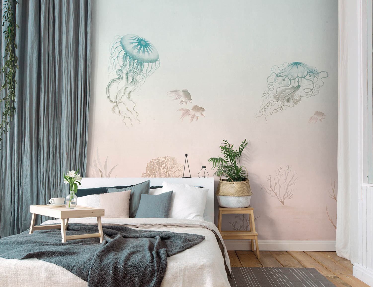 Wandbild Unterwasserwelt Quallen Pastell Prägevlies