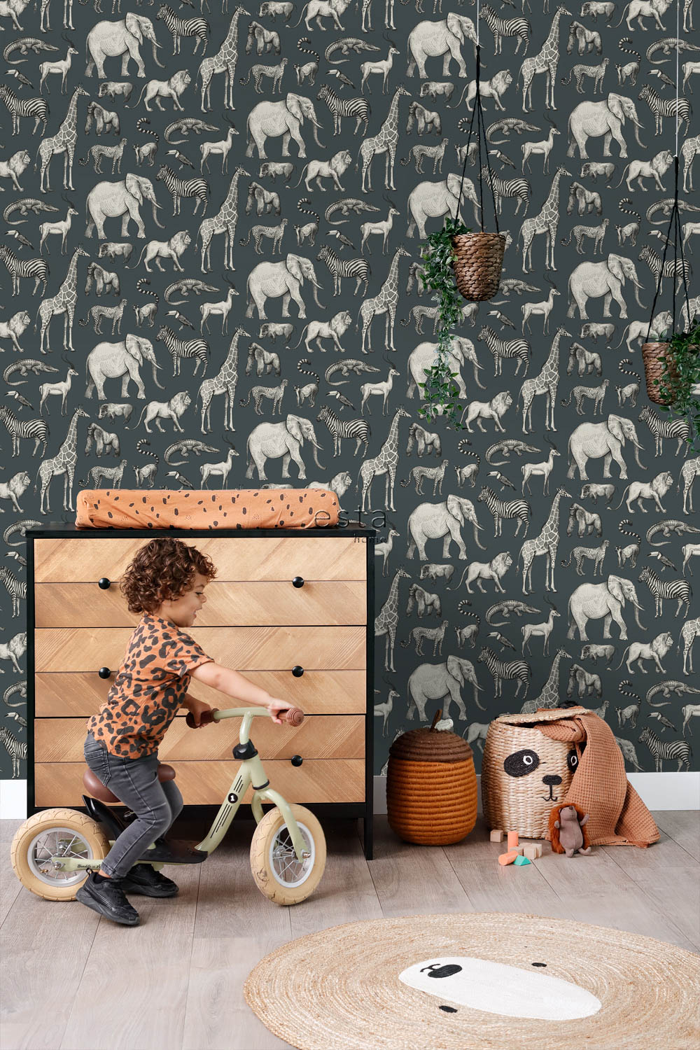 Safarietiere Tapete Giraffe Elefanz Zebra Vlies vintageblau 139272