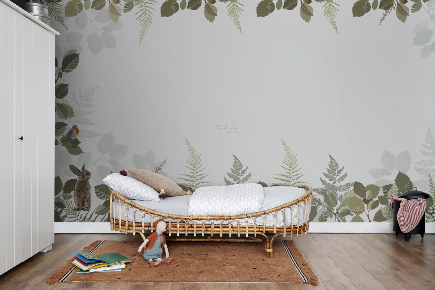 Wald Wandbild Blätter Tiere grau grün 500 x 279 cm 159102